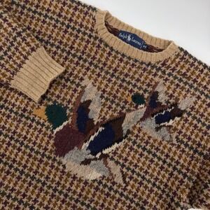 Ralph Lauren VTG Men's Wool Duck Print Sweater Medium Houndstooth Pullover 1990s